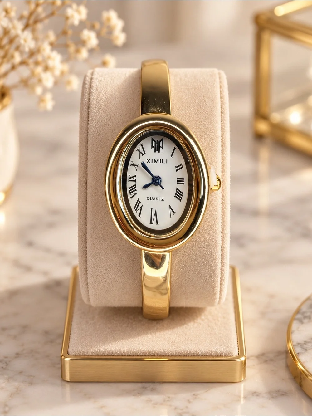 Gold Oval Quartz Bracelet Statement Watch